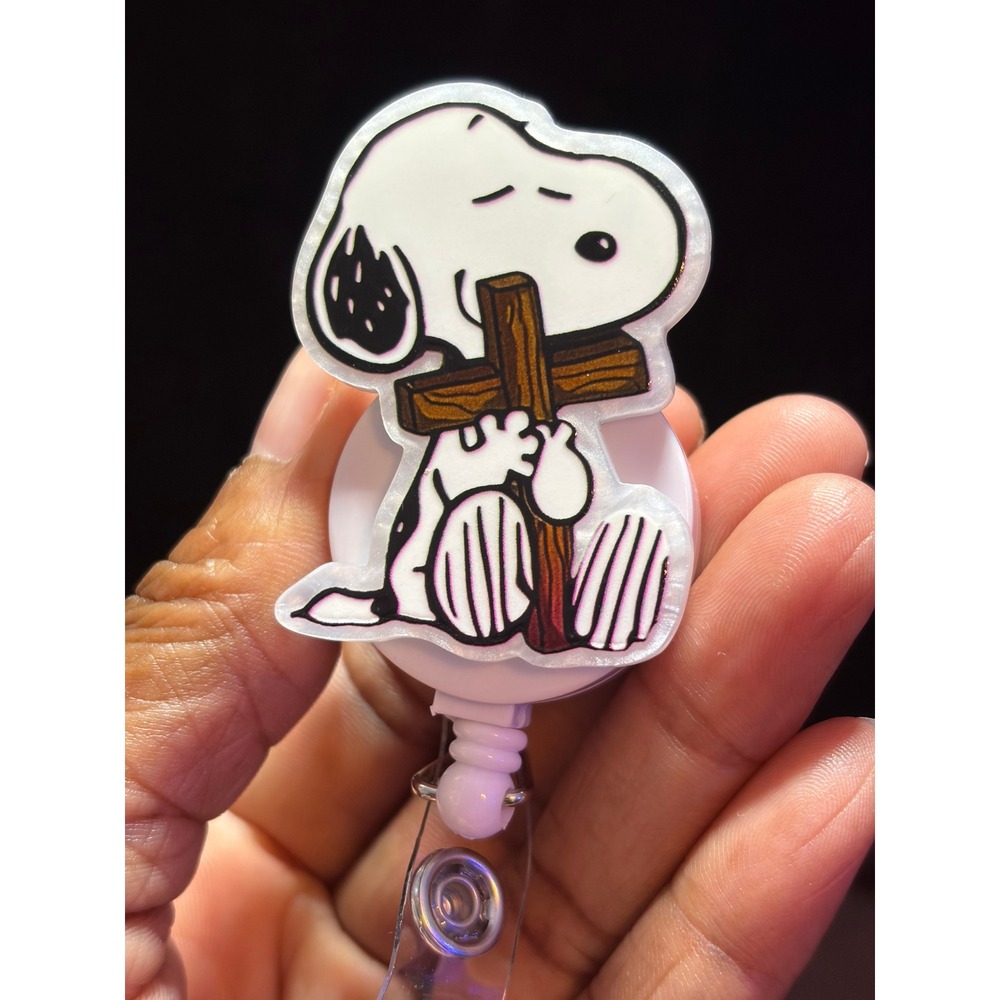 Snoopy Holding Cross Retractable Badge Reel ID Holder Alligator Clip Christian